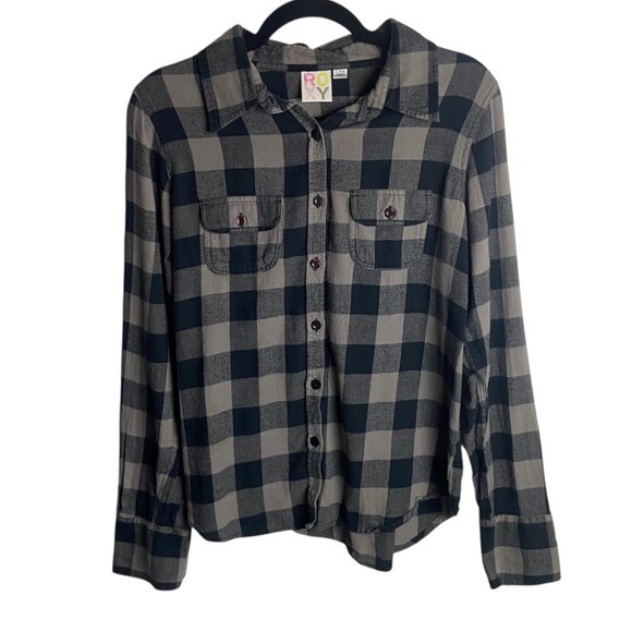 Roxy Size Large Flannel Gingham Plaid Button Down Shirt Grey Black Grunge Fall - Picture 1 of 7